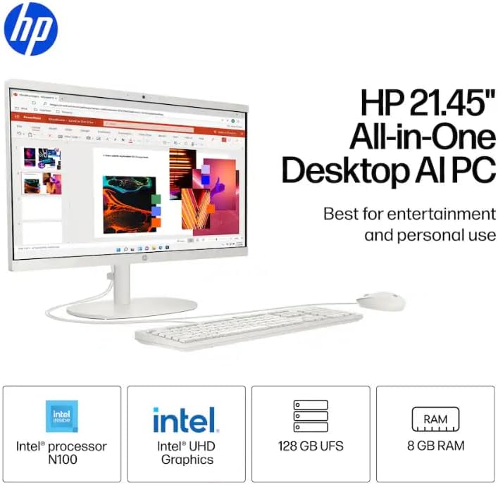 HP 22" All-in-One Desktop Computer, 8GB DDR5 RAM, 128GB UFS Storage,13th Gen Intel Quad-Core CPU, FHD VA Display, WiFi 6, Bluetooth 5.3, RJ45, USB-C (10Gbps), UHD Graphics, 720p Cam, Cashmere White