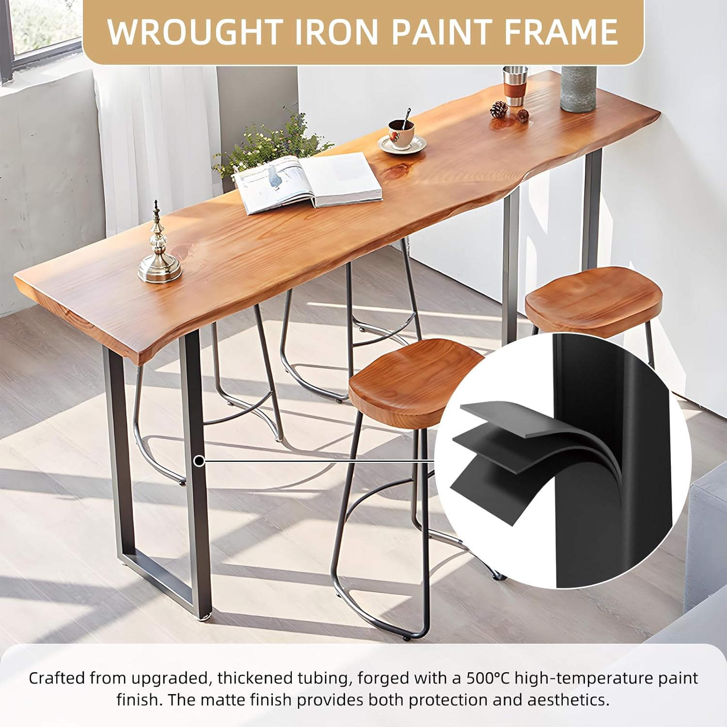 Solid Wood Bar Table, Metal Frame High Top Table, Rustic Industrial Pub Table, Narrow Long Height Tables for Kitchen Living Room Coffee Shop Small Space (no Stool Included)
