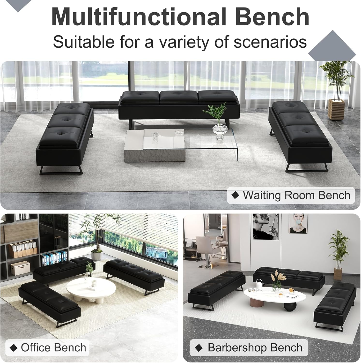 MOTION Leather Bench Waiting Room Chairs - 3 Seat Office Guest Reception Bench with Cushion, Upholered Waiting Room Seating, Office Furniture Lobby Chairs for Salon, Shop, Set of 3, Black