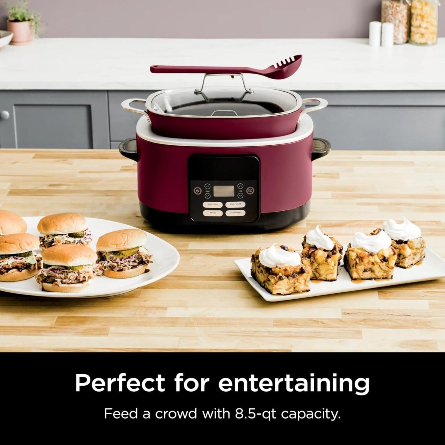 Foodi Possible Cooker, 8.5 Quart, 6-in-1 Multi-Cooker, Slow Cooker, Steamer, Glass Lid Integrated Cooking Utensil, Nonstick, Oven Safe Pot to 500°F, MC1000WM (Cherry Tarte)