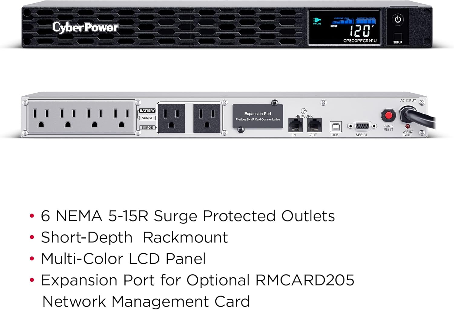CyberPower CP500PFCRM1U PFC Sinewave UPS Battery Backup and Surge Protector, 500VA/300W, 6 Outlets, AVR, 1U Rackmount, UL Certified