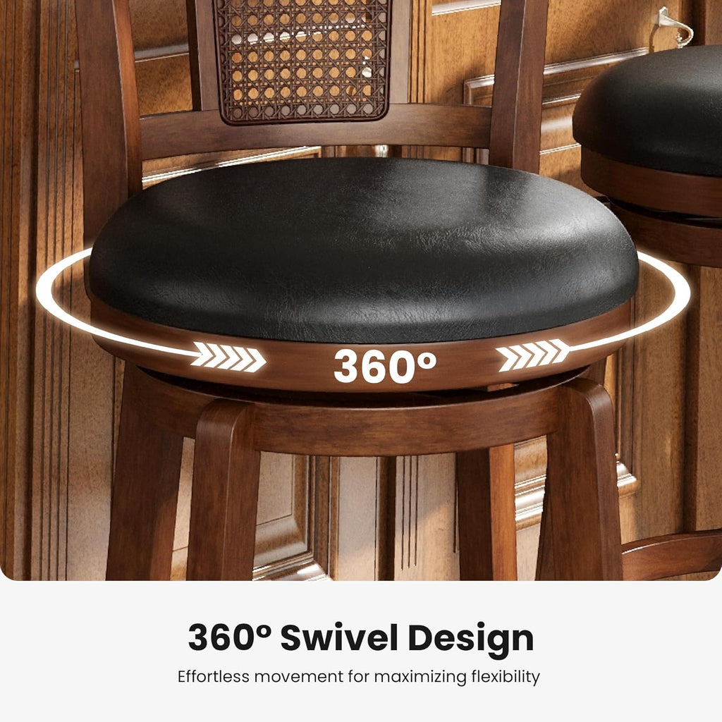 PHI VILLA 26 inch Counter Height Bar Stools Set of 4, Swivel Bar Stools with Back, Wooden Bar Chairs Faux Leather Kitchen Counter Stools