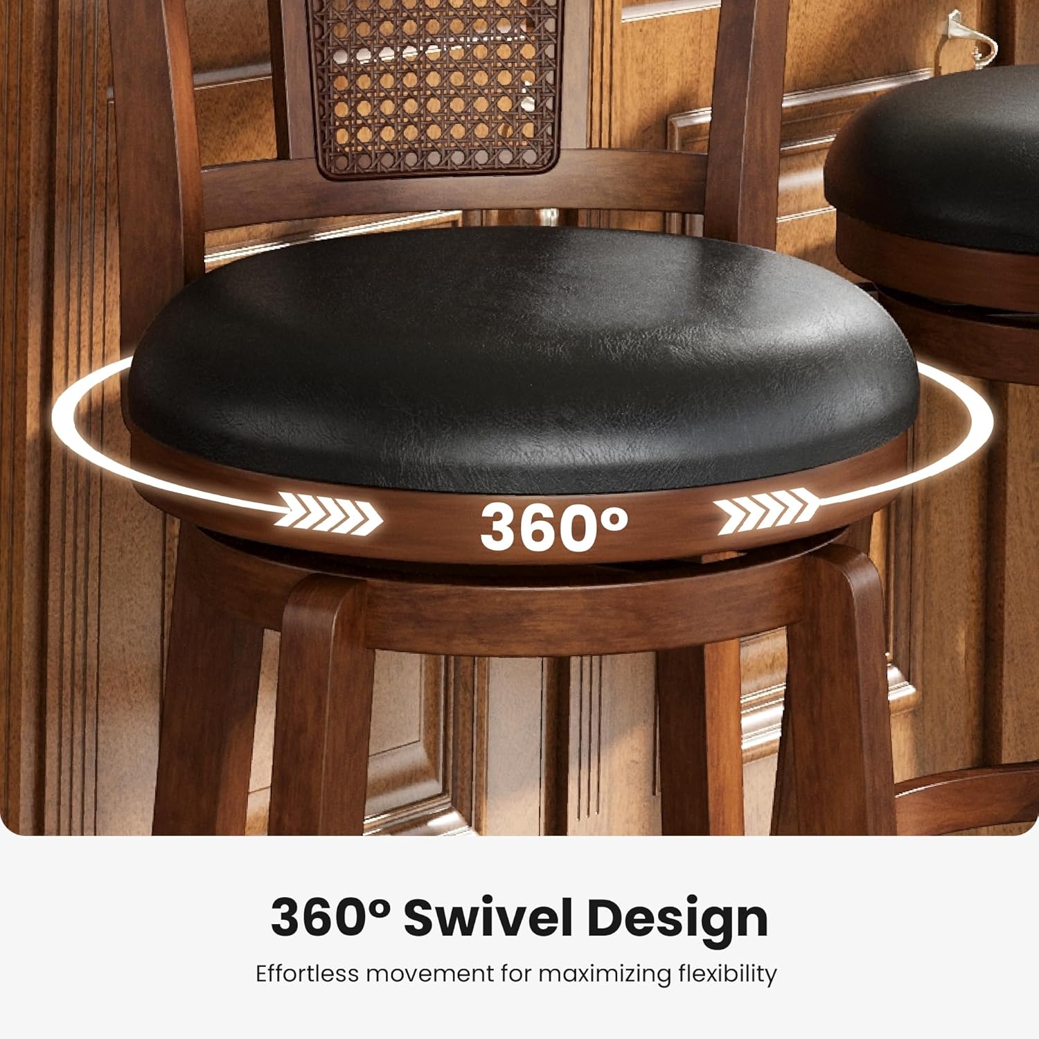 PHI VILLA 26 inch Counter Height Bar Stools Set of 4, Swivel Bar Stools with Back, Wooden Bar Chairs Faux Leather Kitchen Counter Stools