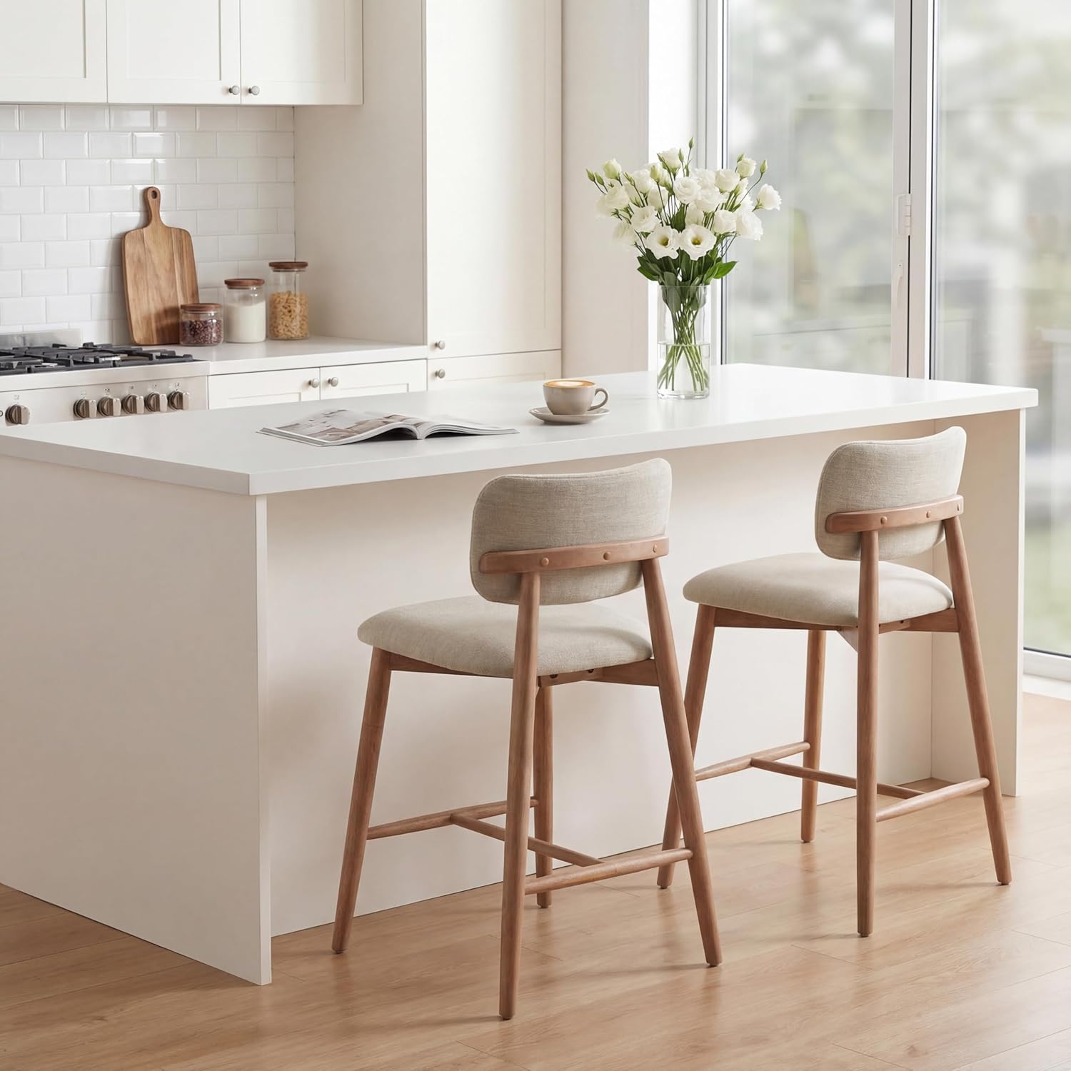 Christopher Knight Home Mundo Counter Height Bar Stools Set of 2, Fabric Upholstered Counter Stools and Curved Backrest, Rubberwood Kitchen Island Armchair with Splayed Legs, Beige + Natural