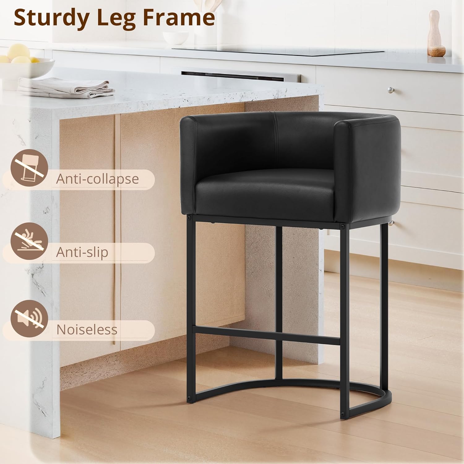 LUE BONA 27" H Counter Height Bar Stools Set of 3, Modern Barrel Counter Stools with Backrest and Arms, Black Metal Frames,Faux Leather Upholstered Accent Barstools for Kitchen Island,Black