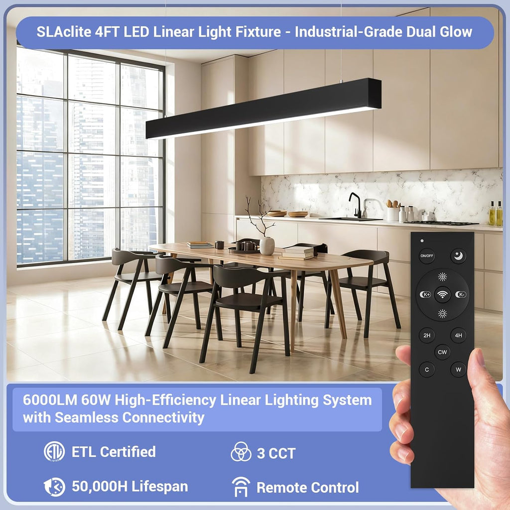 4FT LED Linear Lights with Remote 60W Up and 12W Down Light, 3000-5000K 4 Feet Commercial Shop Lighting for Office Garage Basement Shop Dining Room bar, Dimmable 4' Architectural Fixture-4Pack