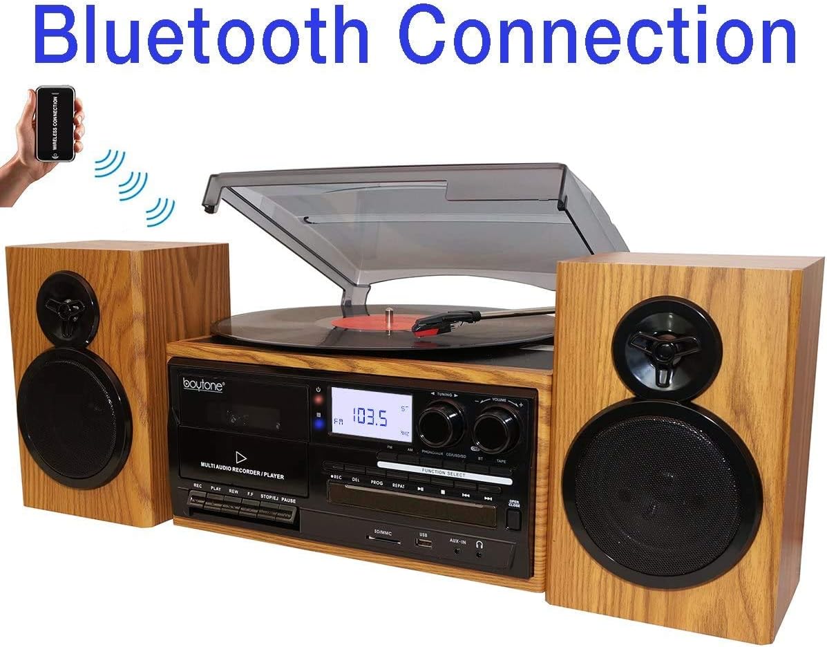 Boytone BT-28SPW Bluetooth Classic Record Player Turntable All-in-One with AM/FM Radio, CD/Cassette Player, 2 Separate Stereo Speakers, Record from Vinyl, Radio, and Cassette to MP3, SD slot, USB, AUX