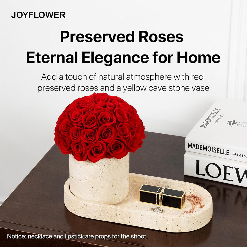 JoyFlower Preserved Flowers Vase, Yellow Travertine Flower Vases & Travertine Tray, Eternal Flower Decorations for Table Party Home Living Room Bedroom Coffee Shop, Decorative Flower Vase Decor(Red)