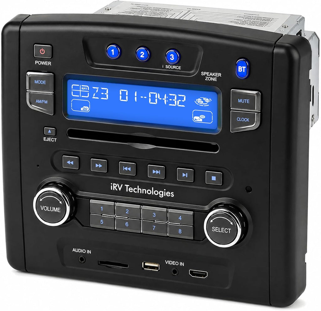 iRV Technology iRV34 AM/FM/CD/DVD/MP3/MP4 /USB/SD/HDMI/Digital2.1/Surround Sound/Bluetooth 3 Zones wall mount RV Radio Stereo