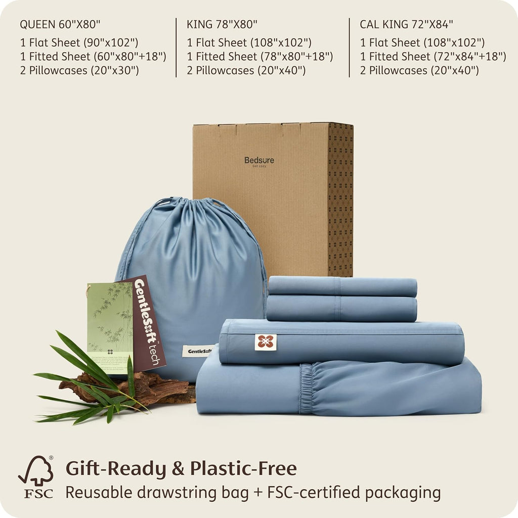 Bedsure 100% Organically Grown Bamboo Viscose Queen Sheet Set | Cooling Bedsheets for Hot Sleepers | Luxury Silky Soft PureWoven | 18" Deep Pocket with Corner Straps | Oeko-Tex Mineral Blue