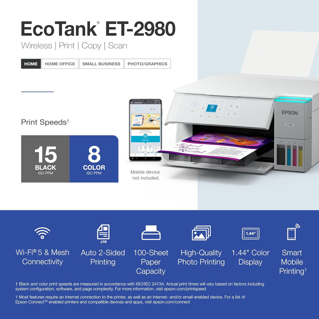 Epson EcoTank ET-2980 Wireless All-in-One Color Supertank Printer with up to 3 Years of Ink, Refillable Tanks, Perfect for Home, 15 PPM, 1.44" Color Screen, Auto 2-Sided Printing – White (Renewed)