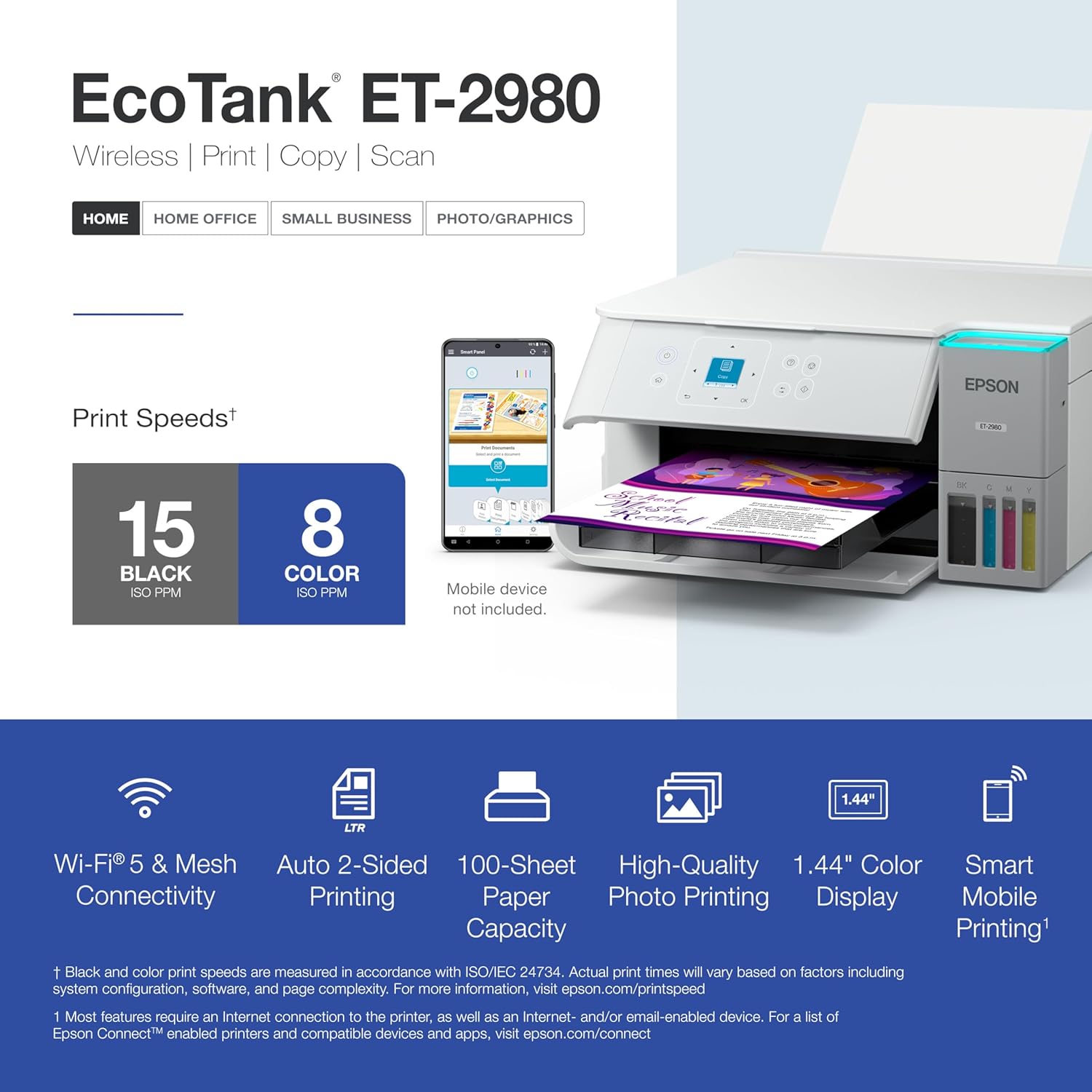 Epson EcoTank ET-2980 Wireless All-in-One Color Supertank Printer with up to 3 Years of Ink, Refillable Tanks, Perfect for Home, 15 PPM, 1.44" Color Screen, Auto 2-Sided Printing – White (Renewed)