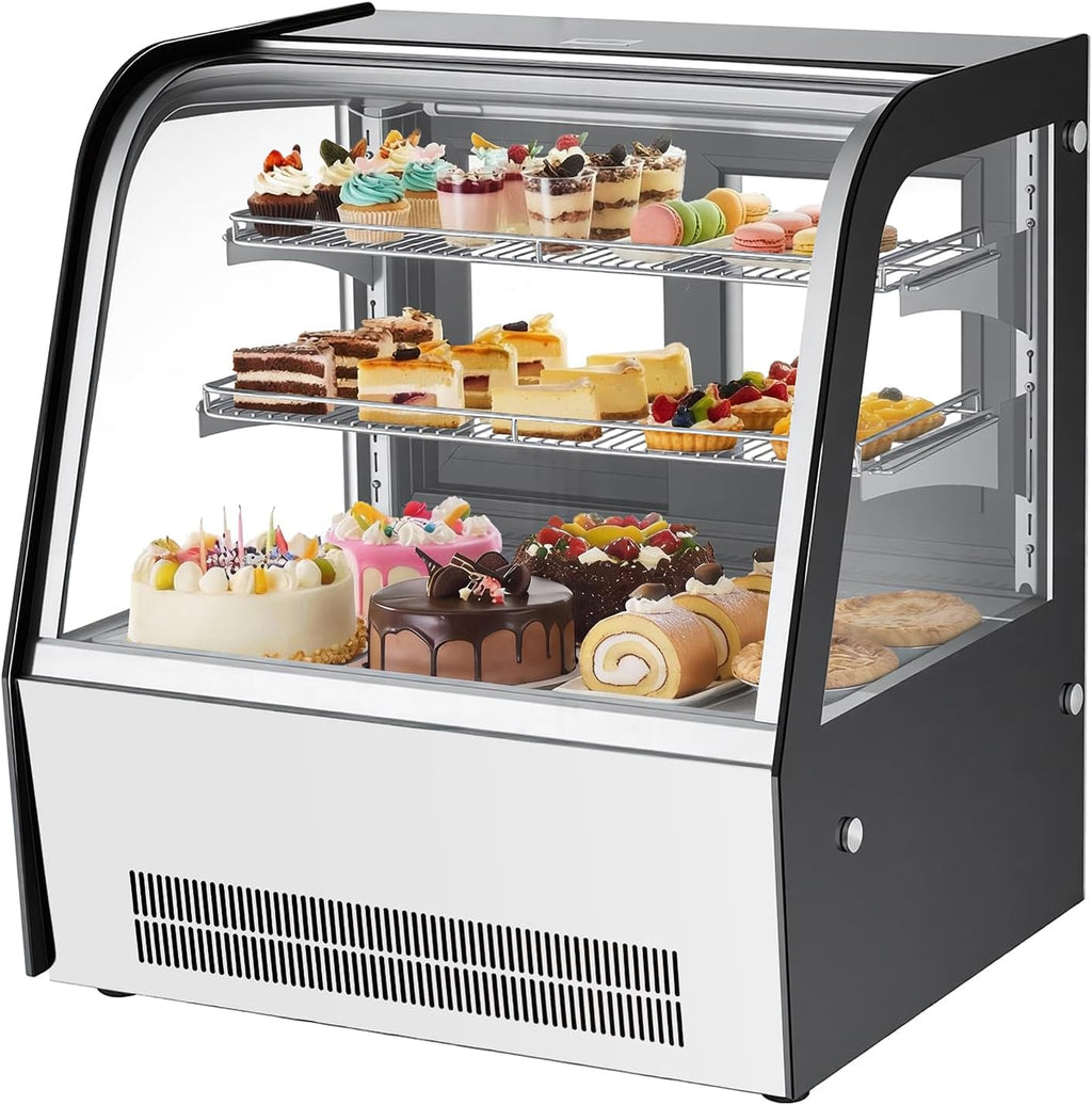 VEVOR Refrigerated Display Case, 4.2 Cu.Ft./105L Countertop Pastry Display Case, 2-Tier Commercial Cake Refrigerator with LED Lighting, TURBO Cooling, Frost-Free Air-Cooling, for Bakery, Dessert Shop