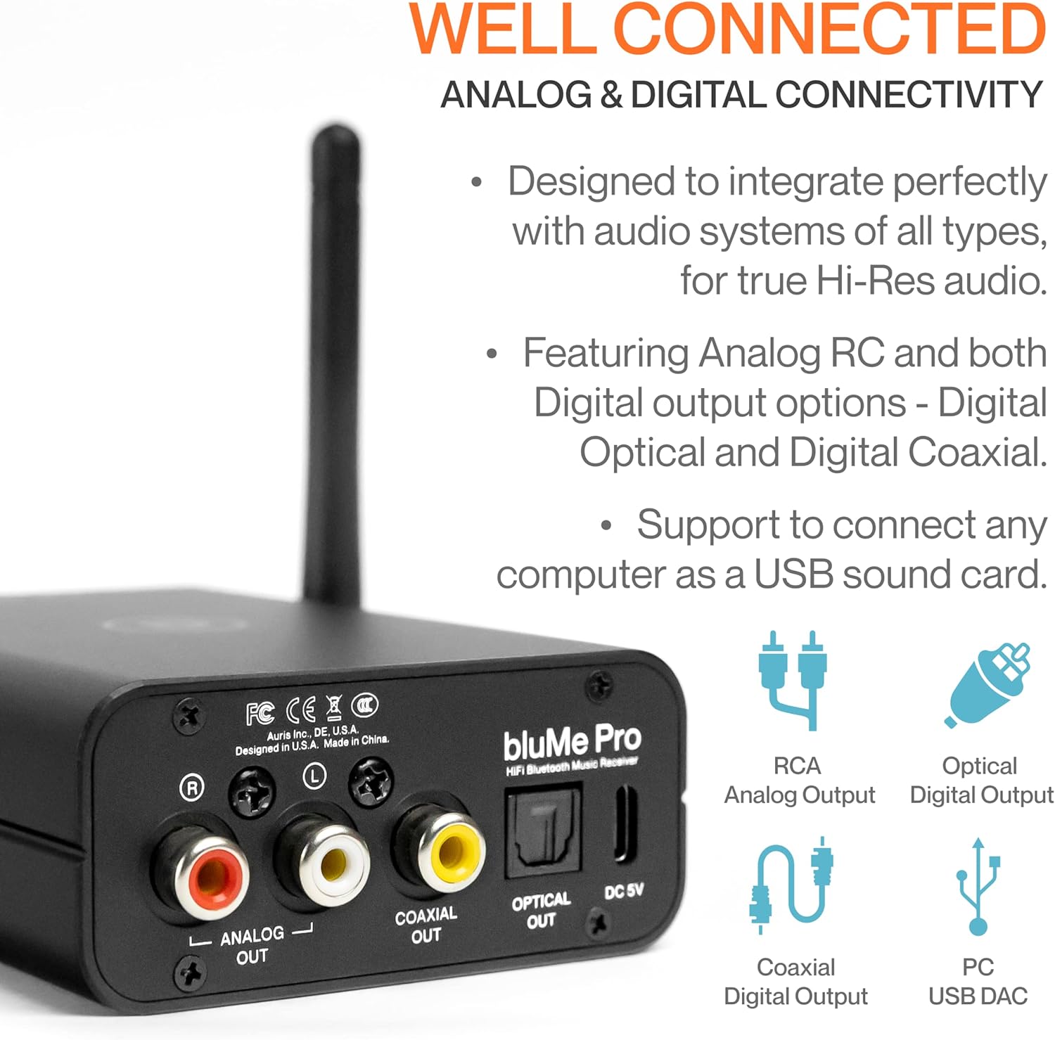 Auris Blume Pro HiFi Bluetooth 5.3 Music Receiver Long Range Bluetooth Adapter with Audiophile DAC, LDAC, aptX HD, OLED Display & Optical Coaxial AUX Output for Home Stereo, AV Receiver or Amplifier