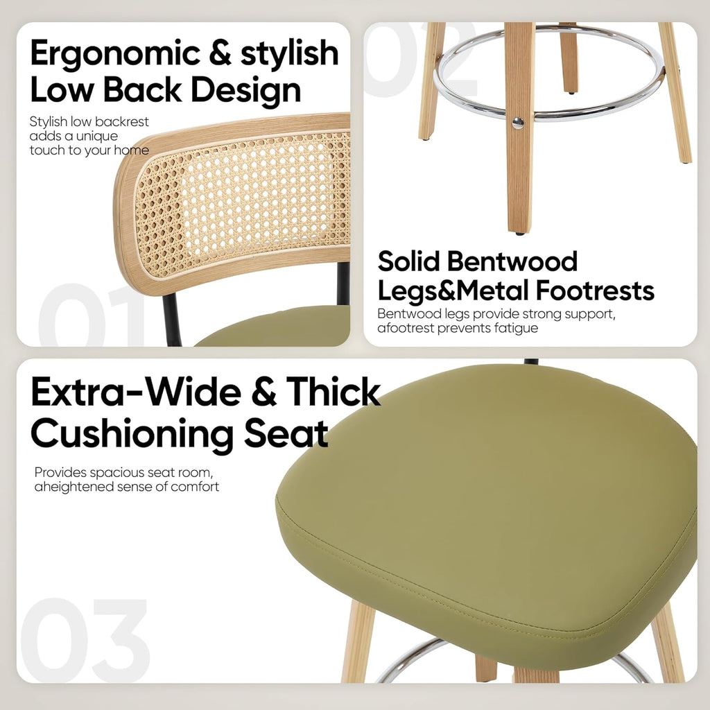 Rattan Bar Stools Set of 2,Upholstered PU Leather, 26'' Counter Height Barstools with Back and Wood Legs,360°Swivel,Mid-Century Modern Bar Stool for Kitchen Island Dining Room and Bar(Grass Green)
