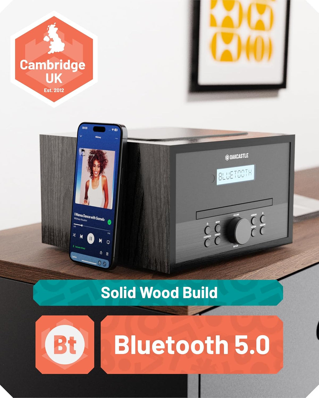 Home Stereo System with CD Player Bluetooth & Radio | 40W FM Radio, Solid Wood Build, 30 Presets, and Alarm | Multi Format Support, CD Player for Home, Compact Music System | Oakcastle Hifi400
