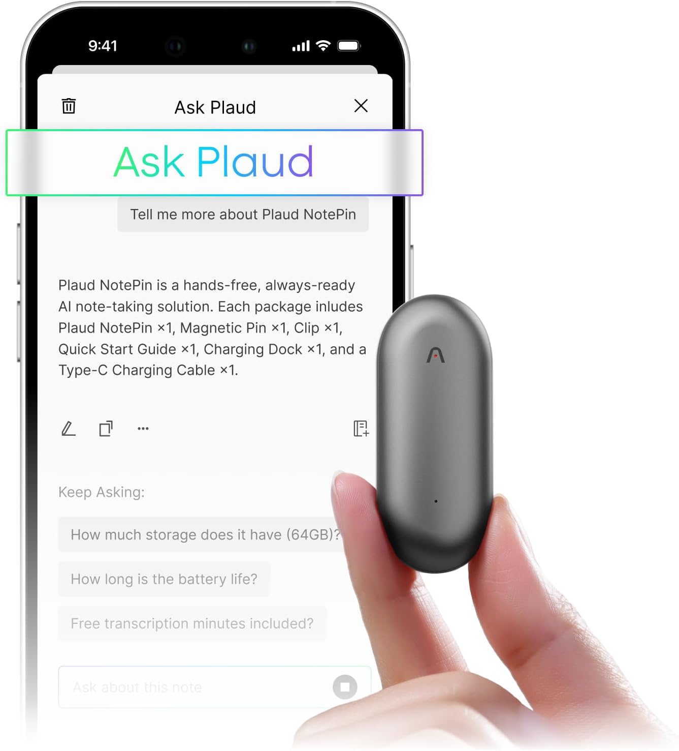 Plaud NotePin Voice Recorder, AI Voice Recorder, AI Note Taker, AI Transcribe & Summarize, Support 112 Languages, for Meetings, Lectures, Professionals, Teams, Cosmic Gray, Non-S Version