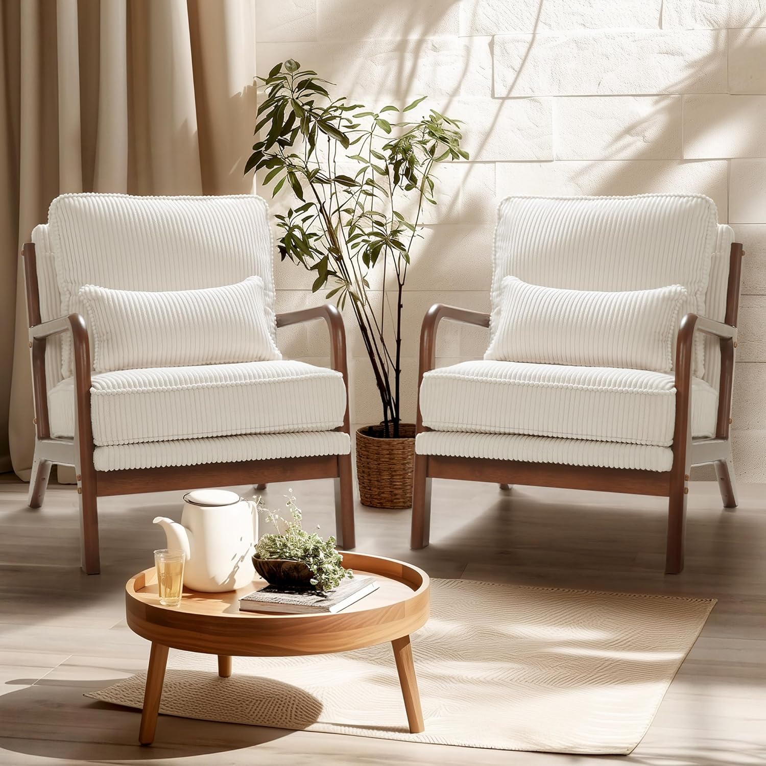 LEXISPOT AC1 Accent Chairs Set of 2, Upholstered Mid Century Modern Corduroy Armchairs with Solid Wood Frame, Comfy Lounge Reading Chairs Farmhouse Armchairs for Living Room, Bedroom, Balcony (Cream)