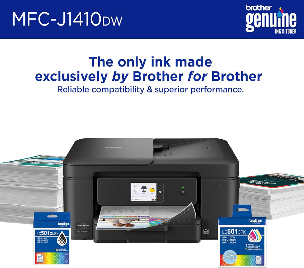 Brother Work Smart 1410 Wireless Color Inkjet All-in-One Printer with 2.7” Touchscreen and Automatic Duplex Printing | Includes Refresh Subscription Trial(1) (MFC-J1410DW)