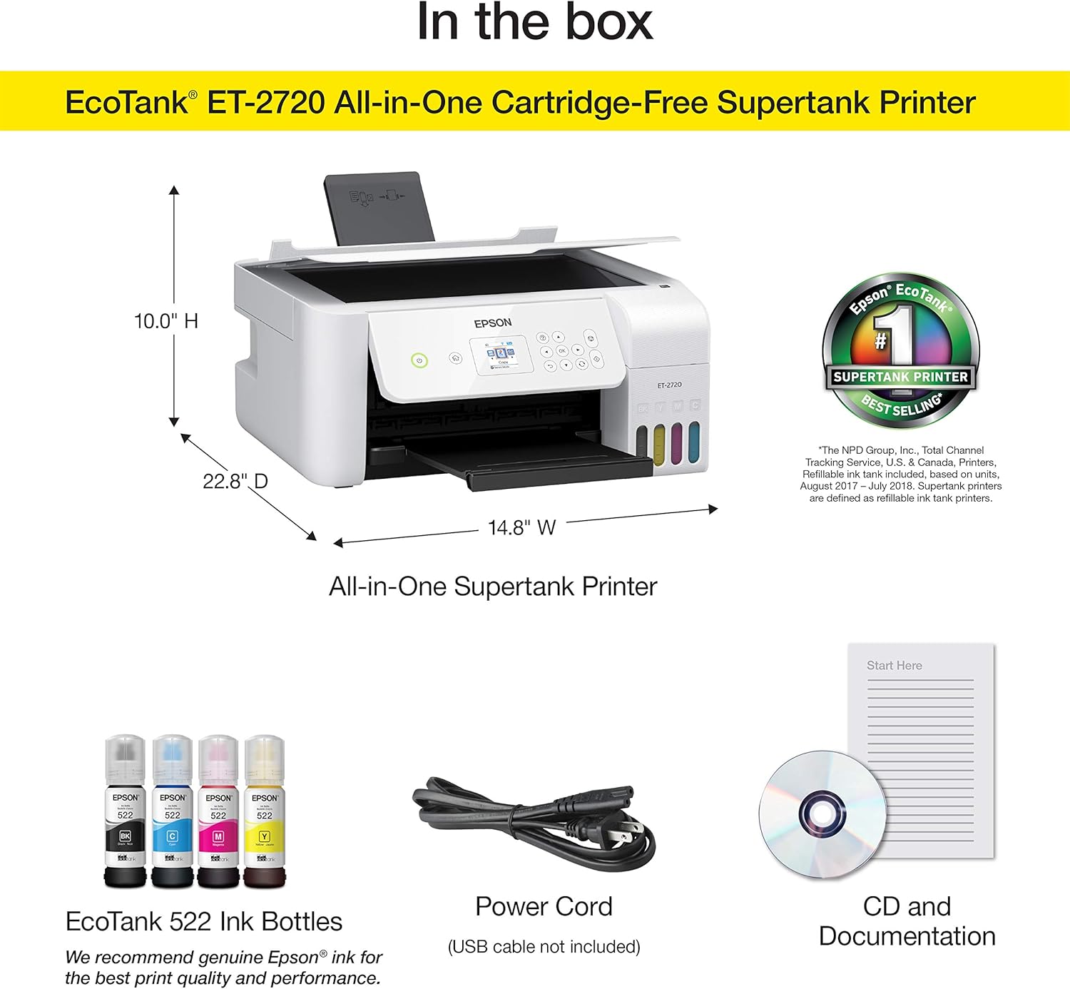 Epson EcoTank ET-2720 Wireless Color All-in-One Supertank Printer with Scanner and Copier - White