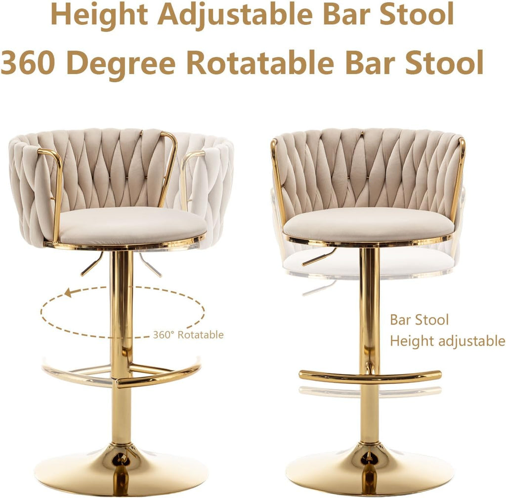 Riknuxi Woven Bar Stools Set of 4, Counter Height Bar Stools with Low Back, Gold Swivel Barstools for Kitchen Island, Bar Pub (Beige)