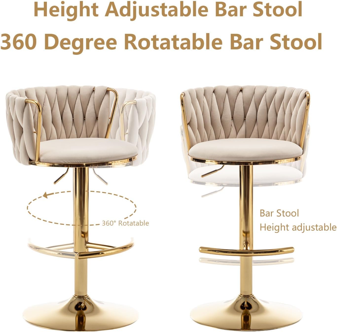 Riknuxi Woven Bar Stools Set of 4, Counter Height Bar Stools with Low Back, Gold Swivel Barstools for Kitchen Island, Bar Pub (Beige)