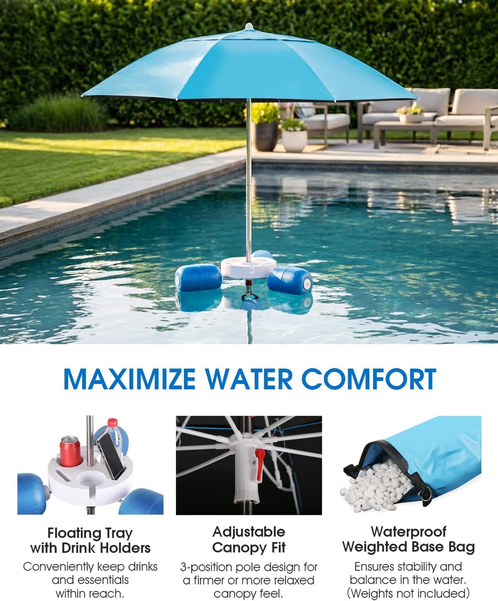 Floating Pool Umbrella 6.6ft - Portable UV Sun Shade Canopy with 3 Drink Holders, Stability Anchor Bag & Secure Floating Design - In-Water Use for Swimming Pools, Lakes, Beach and Outdoor Leisure