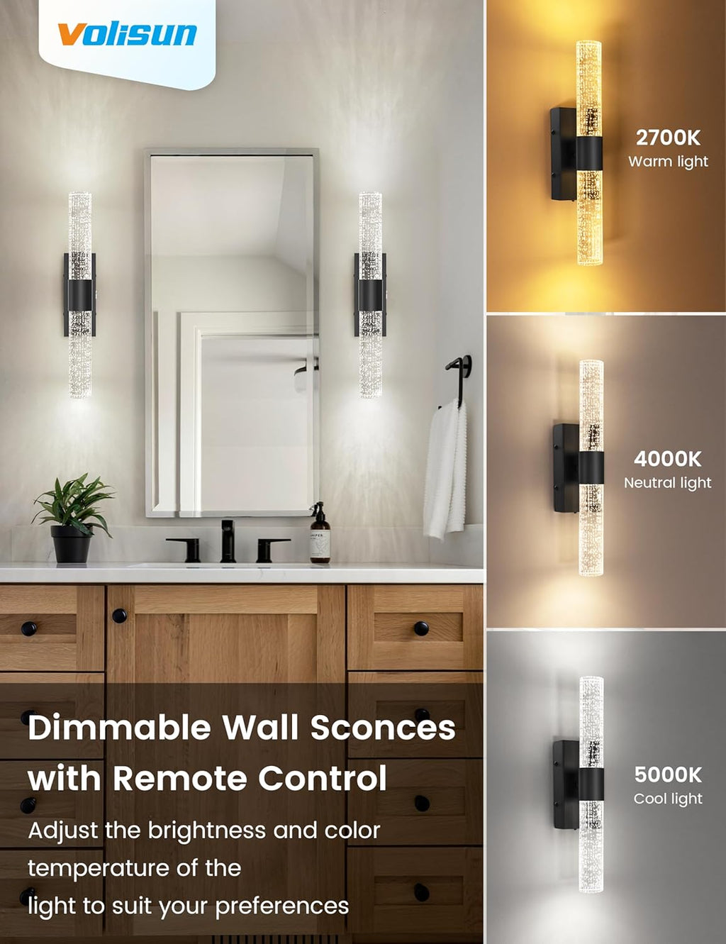 VOLISUN Battery Operated Wall Sconces Set of Two,Black Sconces Wall Decor Set of 2,Wireless Wall Sconces with Remote,Rechargeable Wall Light for Living Room,Bedroom,Bathroom,Vanity (15.3 inch)