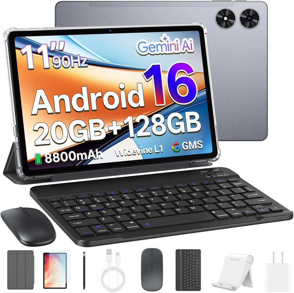 Tablet 11 inch, Android 16 Tablet with Octa-Core & Gemini AI, 20GB RAM+128GB ROM (1TB Expandable), 13MP+8MP Camera, 8800mAh, Wi-Fi 6, Widevine L1, 2-in-1 Tablet with Keyboard, Mouse & Stylus (Gray)