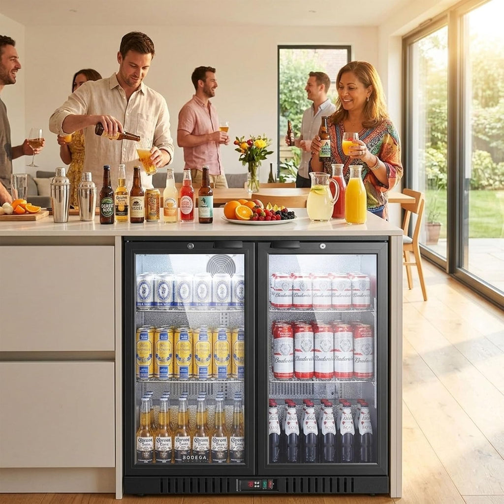 BODEGACOOLER 35.4 Inch Under Counter Beverage Refrigerator, 2 Door Back Bar Cooler, Dual Zone 32–50°F, 7.4 Cu.Ft Built-in or Freestanding Glass Door Fridge with LED Lighting, Holds 216 Cans/62 Bottles