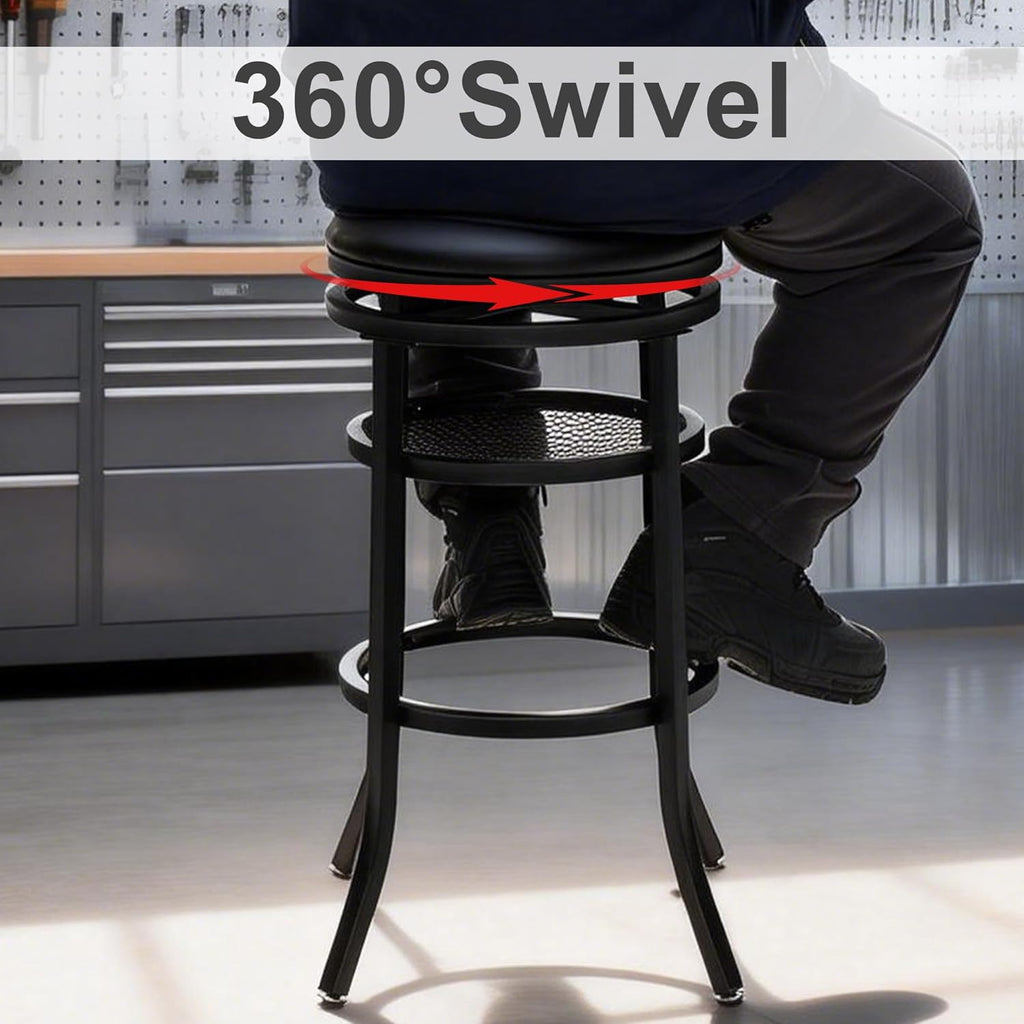 Swivel Industrial Shop Stool with Mesh Storage, Round Metal Garage Stool with Footrest, Heavy Duty Bar Stool for Garages, Workshops, Dining Room, Party Black, Set of 2