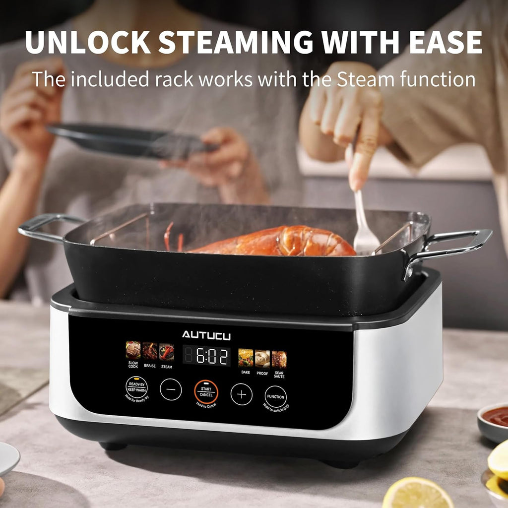 Slow Cooker 7-Quart Programmable Multi-Cooker PFOA-Free Ceramic Coating, Warm, Sear sauté, Steamer Function for Family Gatherings (Includes Silicone Spoon) White