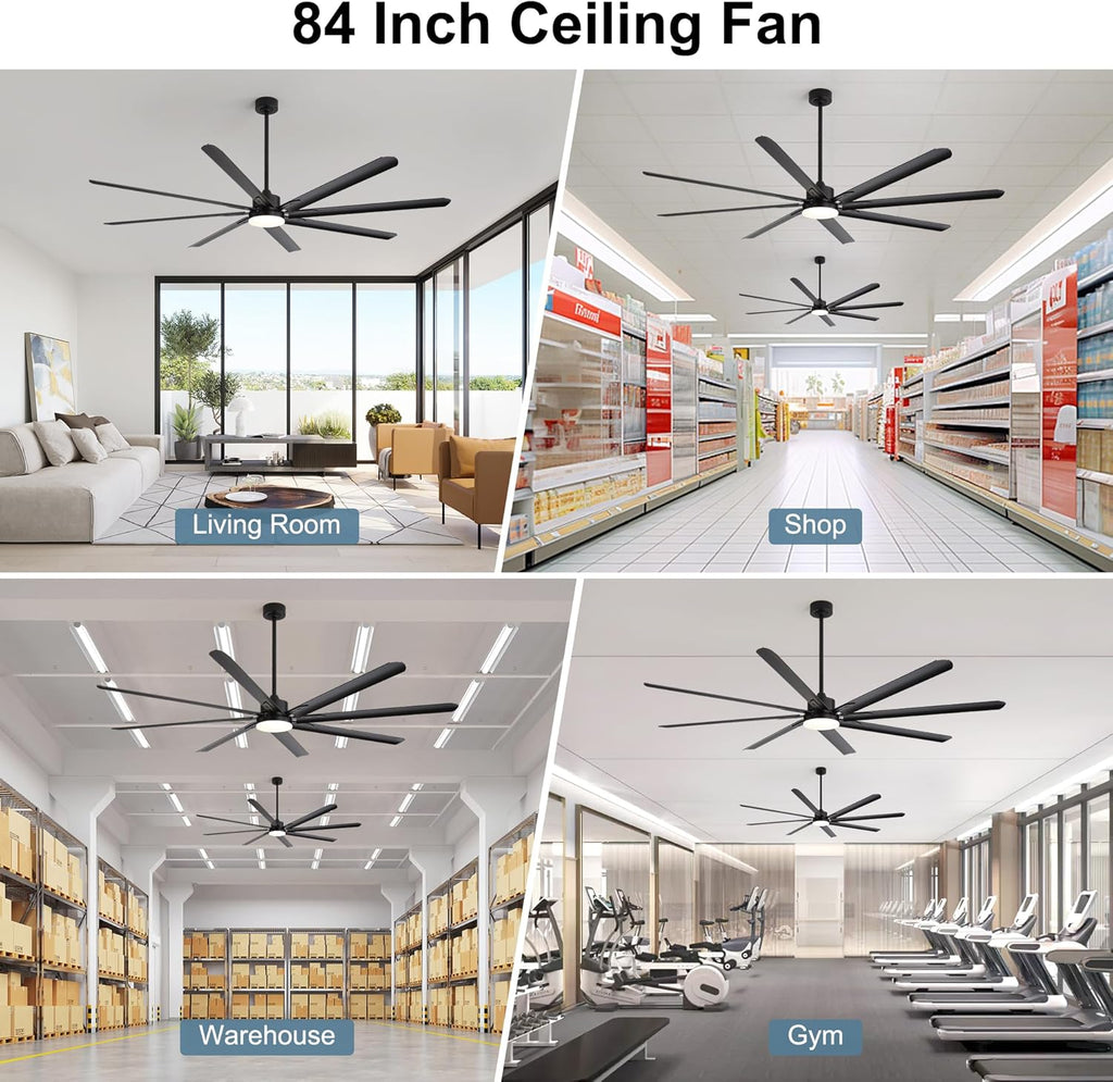 84 Inch Celing Fan with Light and Remote, Large Celing Fan with 8 Black Aluminum Blades, 6 Wind Speeds, Quiet DC Motor, HVLS Ceiling Fan for Living Room Garage Patio Gym Shop