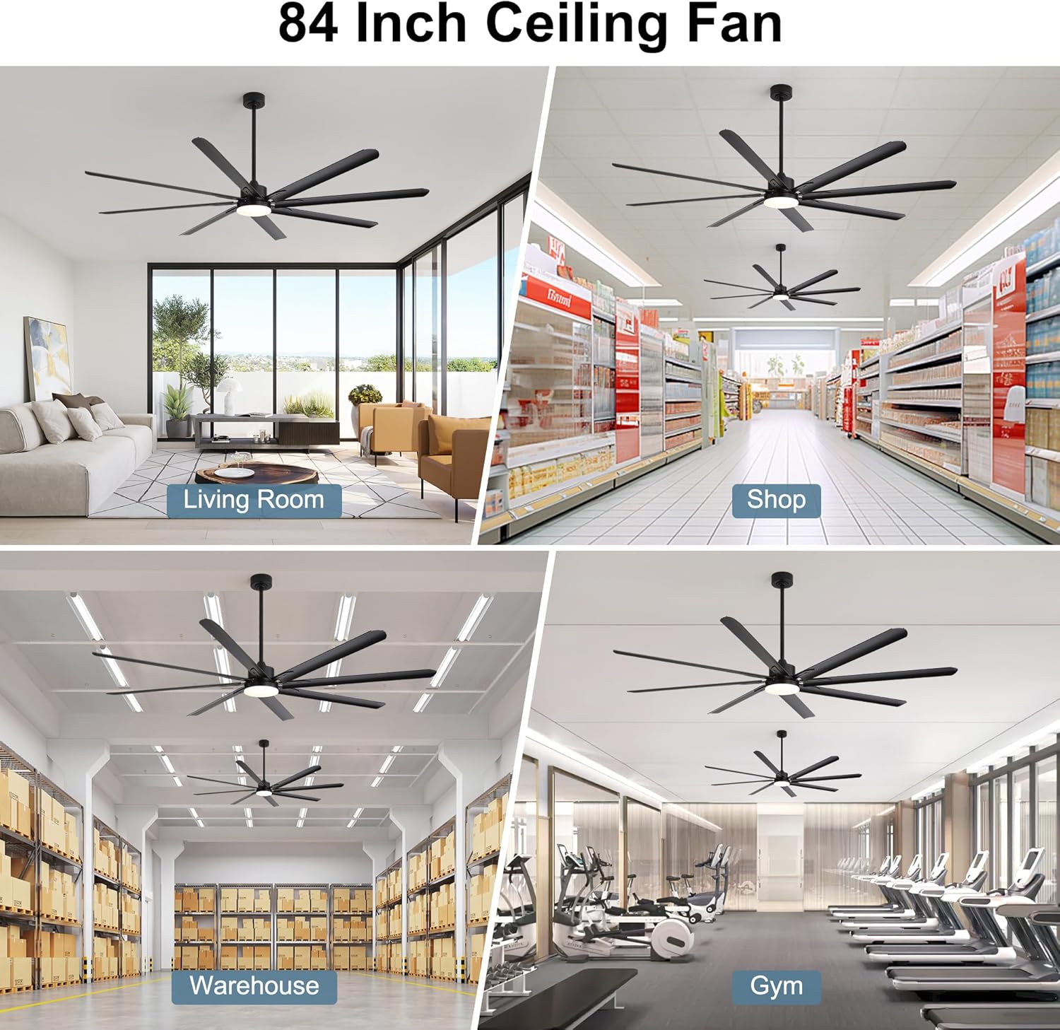 84 Inch Celing Fan with Light and Remote, Large Celing Fan with 8 Black Aluminum Blades, 6 Wind Speeds, Quiet DC Motor, HVLS Ceiling Fan for Living Room Garage Patio Gym Shop