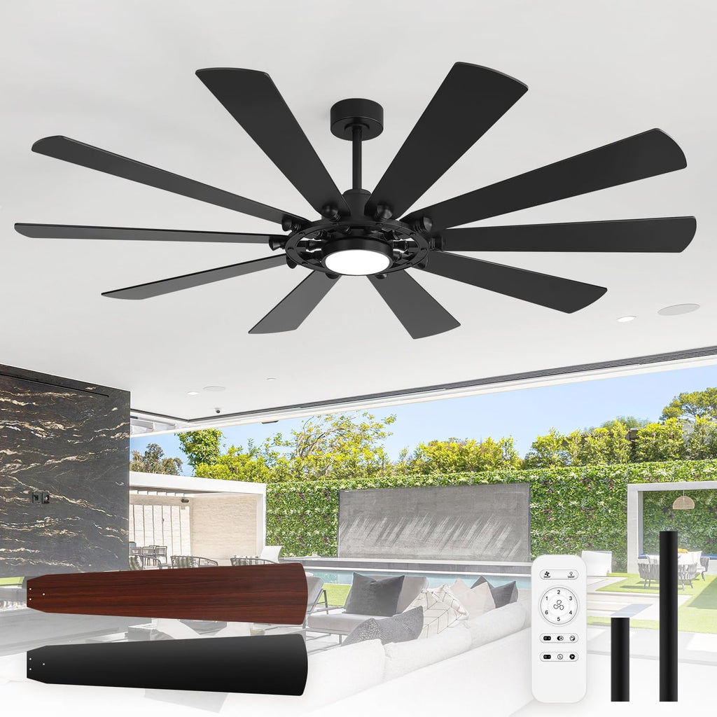 72-Inch Large Room Ceiling Fan with LED Light, 10-Blade Industrial Windmill Fan, Quiet DC Motor with Remote Control, Modern Downrods Mount Ceiling Fan for Great Room, Living Room, Bedroom, Shop