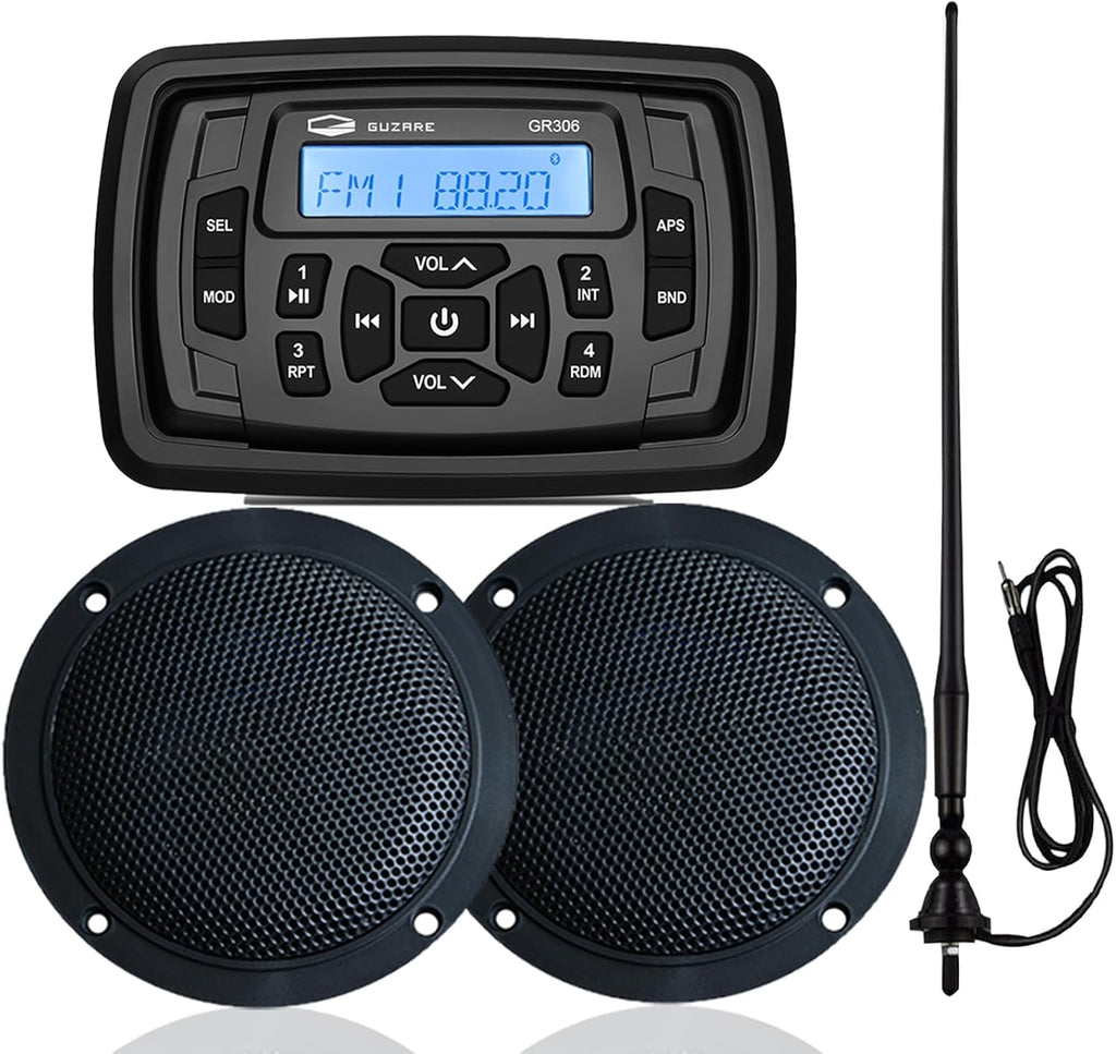 Marine Audio System Waterproof Bluetooth FM/AM Radio Stereo Receiver with 4 inch Boat Speakers and Antenna – Ready for ATV, UTV, RV, Yacht