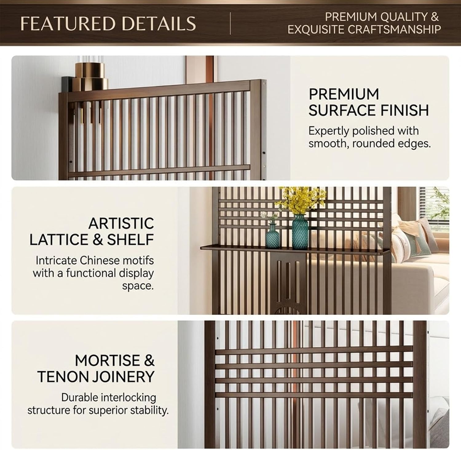 Floor to Ceiling Room Divider, Privacy Screen Room partition Post with Storage Space, Solid Wood, for Teahouse Coffee Shop Hotel Studio(Walnut,72x28.3in)