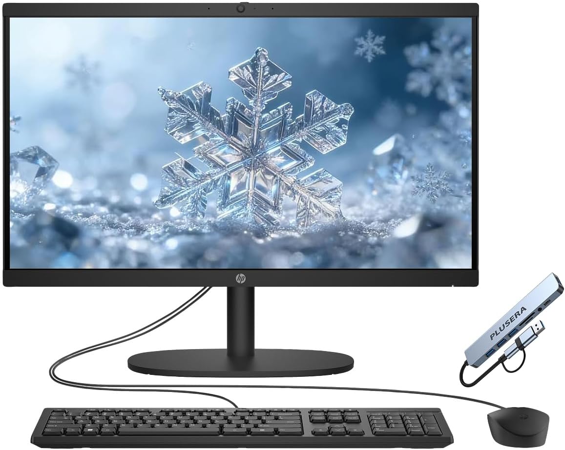 HP 21.5" FHD All-in-One Desktop Computer, 8GB RAM 512GB SSD, Intel N200 Processor, Keyboard & Mouse Included, PLUSERA 8-in-1 Hub, Windows 11, Jet Black