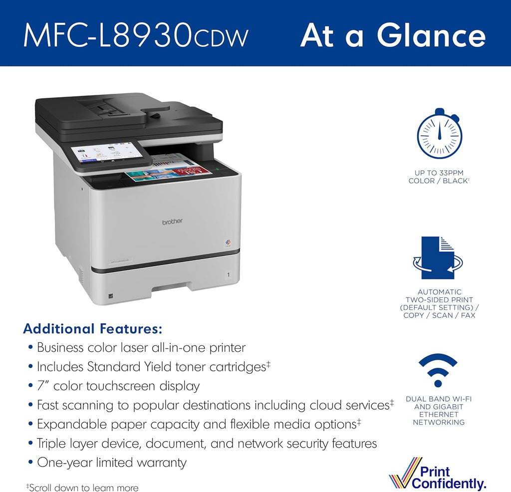 Brother MFC-L8930CDW Business Color Laser All-in-One Printer with Duplex Print, Scan, Copy, Low-Cost Printing, and Advanced Security Features