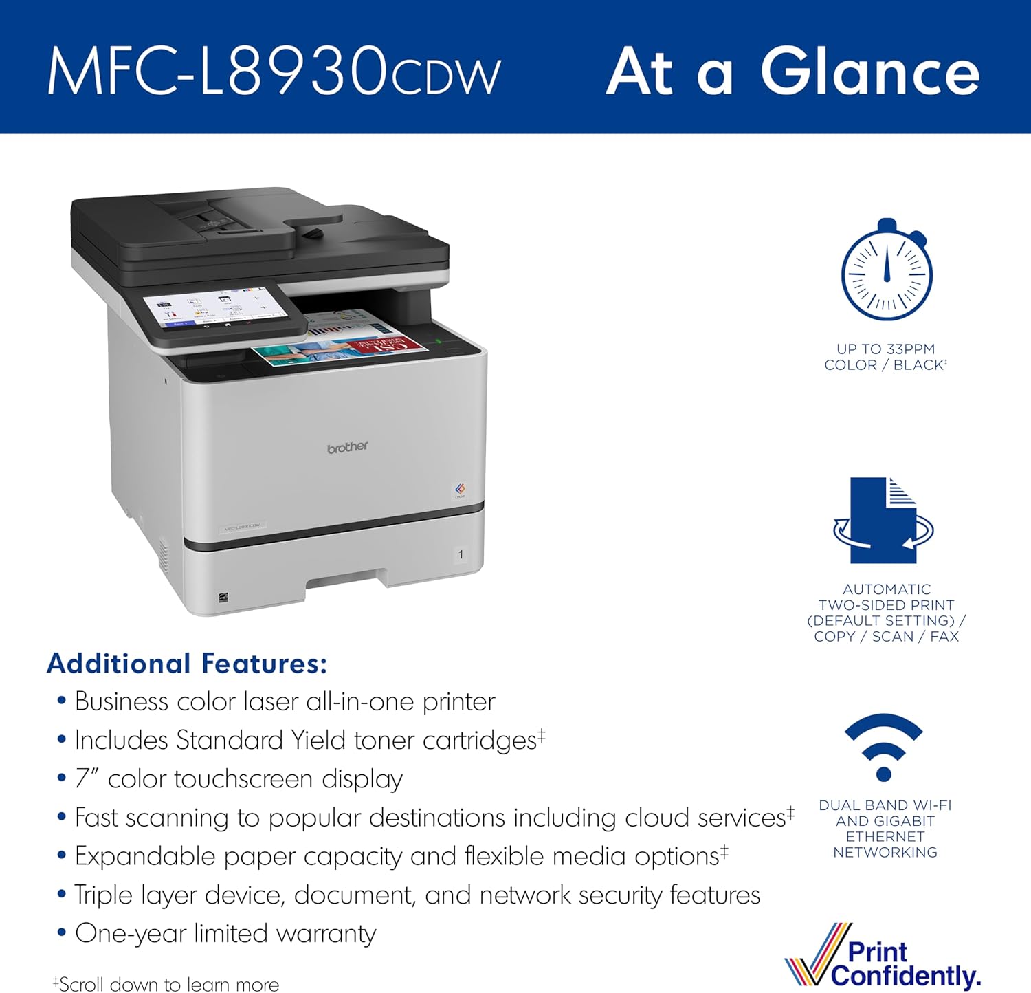Brother MFC-L8930CDW Business Color Laser All-in-One Printer with Duplex Print, Scan, Copy, Low-Cost Printing, and Advanced Security Features