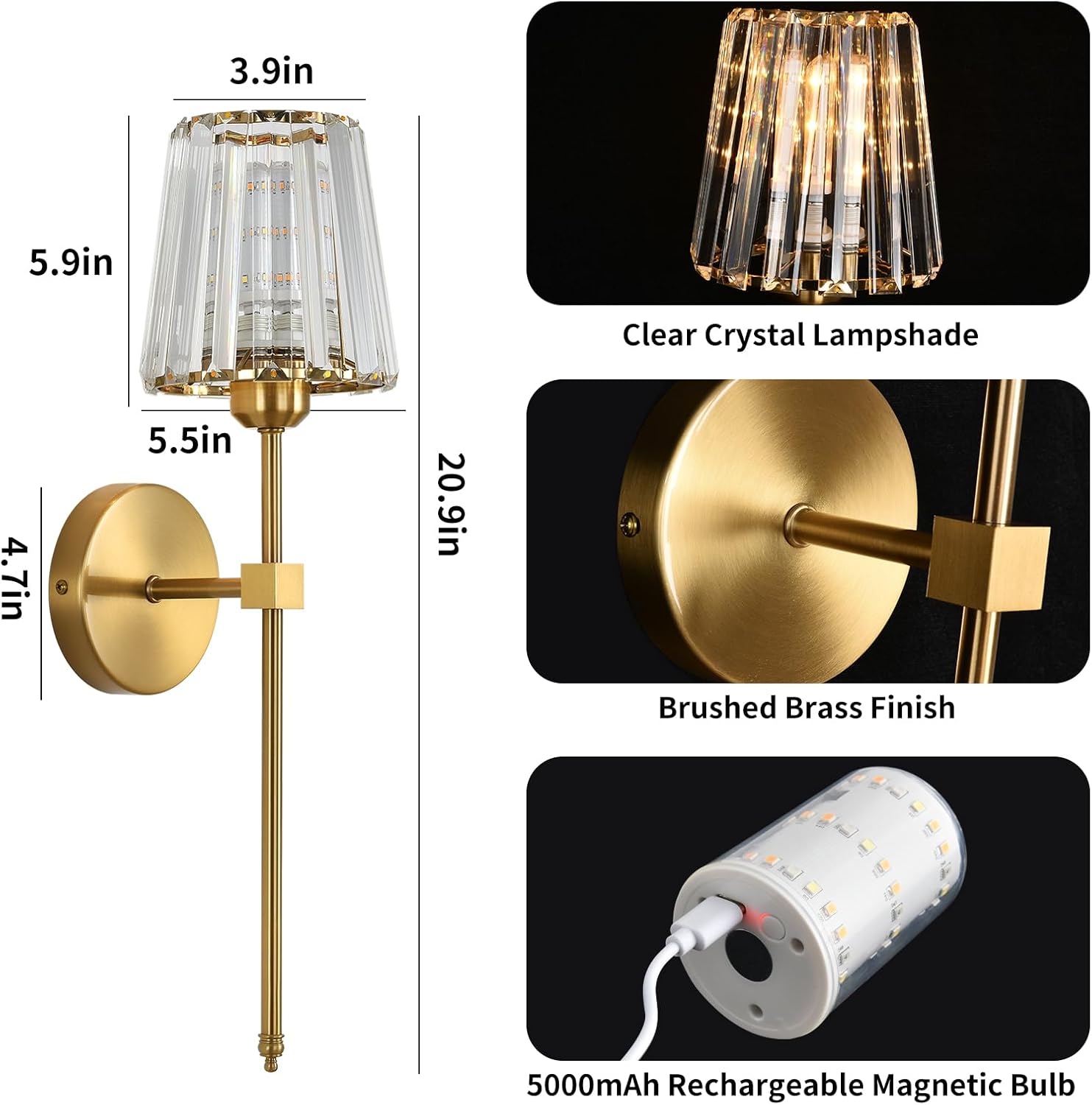 Battery Operated Crystal Wall Sconces Set of 2, Gold Wireless Wall Sconce with USB Rechargeable LED Light Bulbs 12 Colors Dimmable Crystal Wall Lamp with Remote for Bedroom Living Room, Bulbs Included