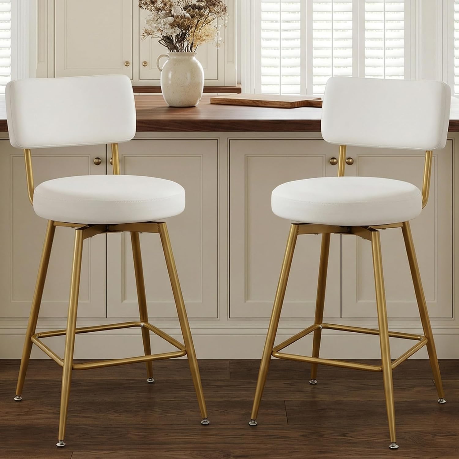 Gold White Counter Height Bar Stools Set of 2, Modern Swivel Bar Stools with Back, 25 Inch PU Leather Barstools Bar Chair Island Stool for Kitchen Counter, White Gold