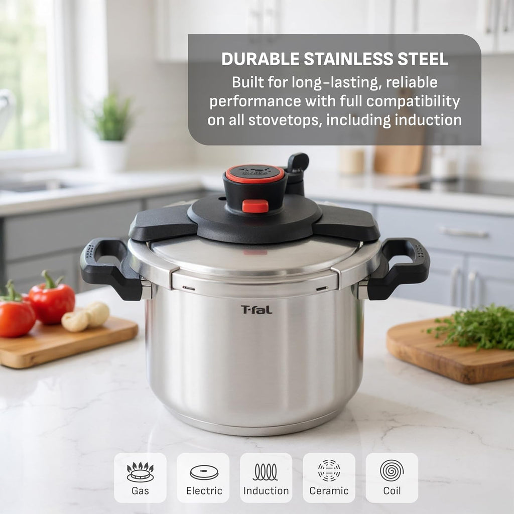 T-fal Clipso Stainless Steel Pressure Cooker, 6.3 Quart, Recipe Book, Steam Basket, Easy-Open Lid, Secure Locking System, Adjustable Pressure Valve, Induction Cookware, Pots and Pans, Kitchen, Silver