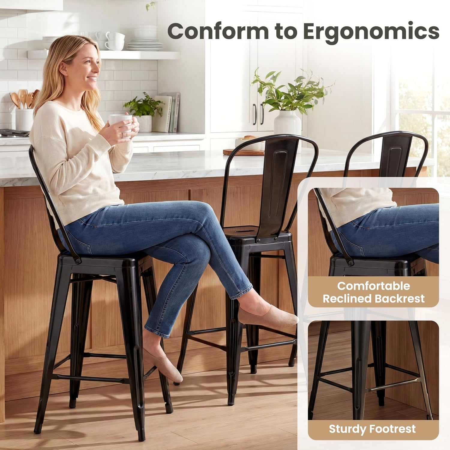 Giantex 24" Metal Bar Stools Set of 4, Counter Height Bar Chairs w/Removable Back & Integrated Footrest, High Back Barstools w/Rubber Foot Pads for Kitchen Dining Rooms, Restaurants, Black