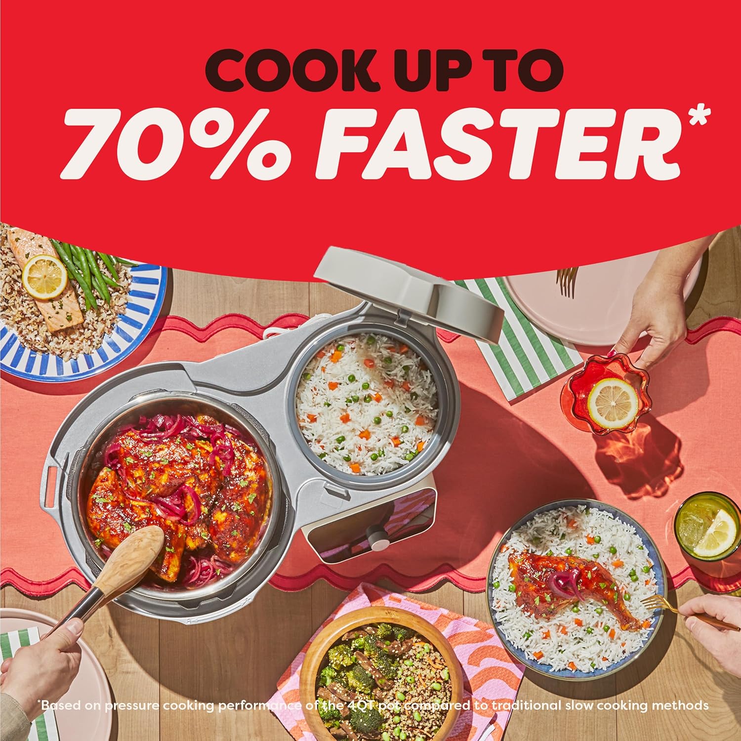Instant Pot Dual Action 8‑in‑1 Multi-Cooker with Serve Together™ Smart Timing, 4Qt Pressure Cooker & 2Qt Rice Cooker, Cook Mains & Sides Together, Fast Cooking, PFAS-Free Pot*, Sauté, Slow Cook & More