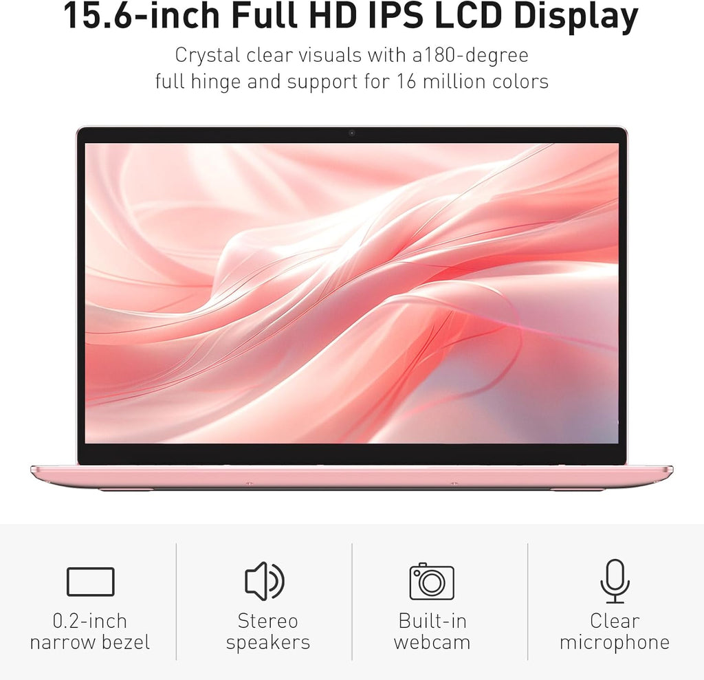 Auusda Business Laptop Computer for Work, Notebook PC for College Students, 15.6" FHD Display, 4-Core Processor, Backlit Keyboard, Fingerprint ID, Up to 10TB Storage, 32GB DDR4 RAM, 1TB NVMe, Pink