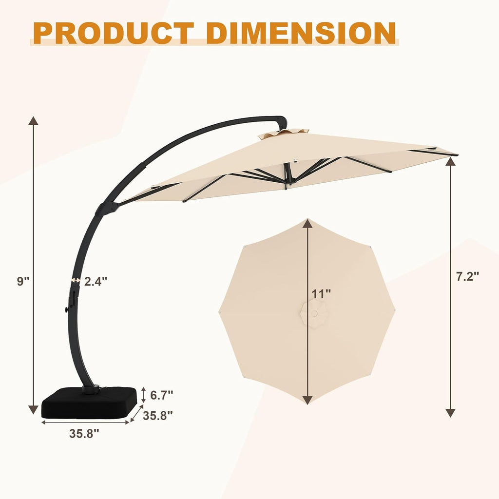 Garvee Outdoor Patio Umbrella with Base Included, 11FT Large Sun Shade Cantilever Umbrella with 360° Rotation, Aluminium Curved Cantilever Umbrella Heavy Duty for Patio Garden Backyard
