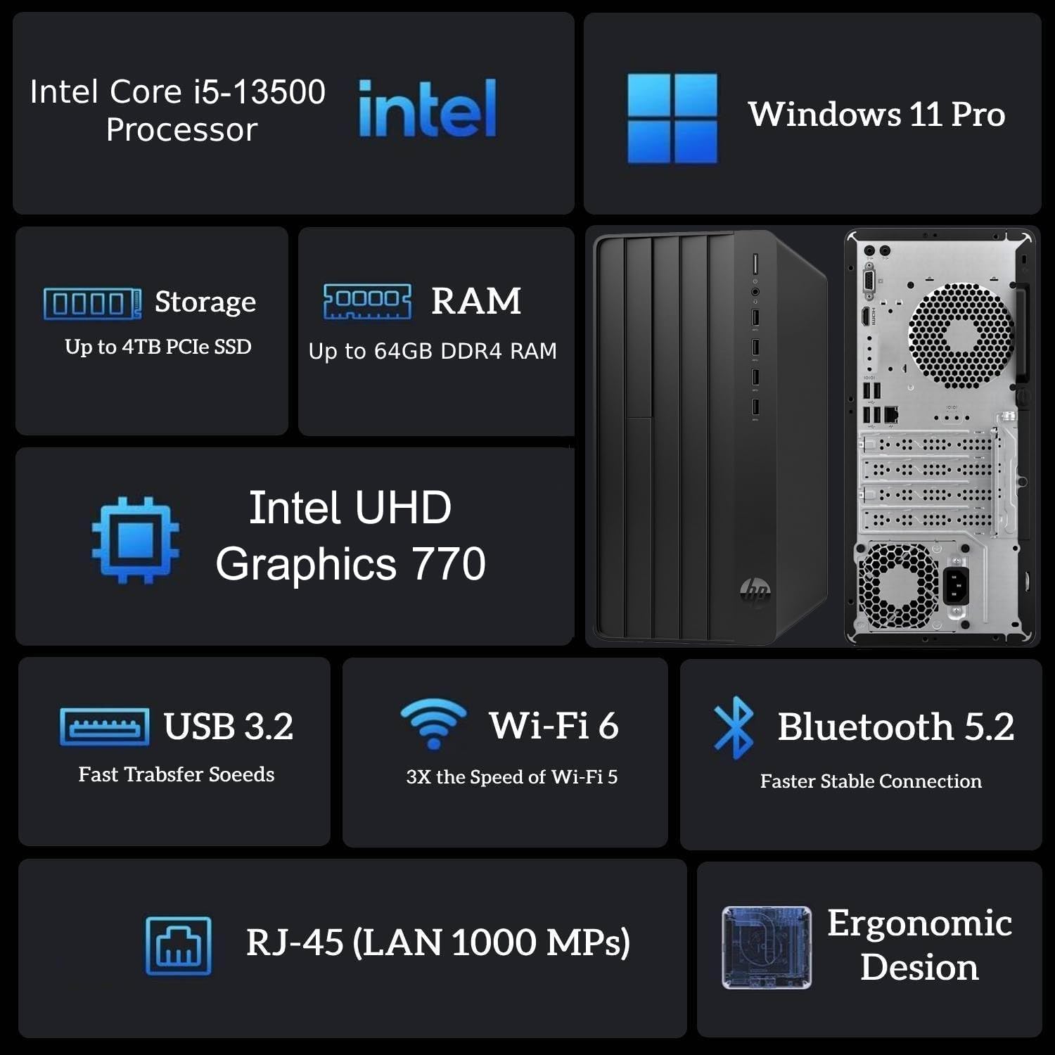 HP Pro Tower Business Desktop, Intel i5-13500 (14-Core), 16GB RAM, 1TB PCIe SSD, UHD Graphics 770, Wi-Fi 6, Bluetooth 5.3, Dual Monitor Support, Windows 11 Pro