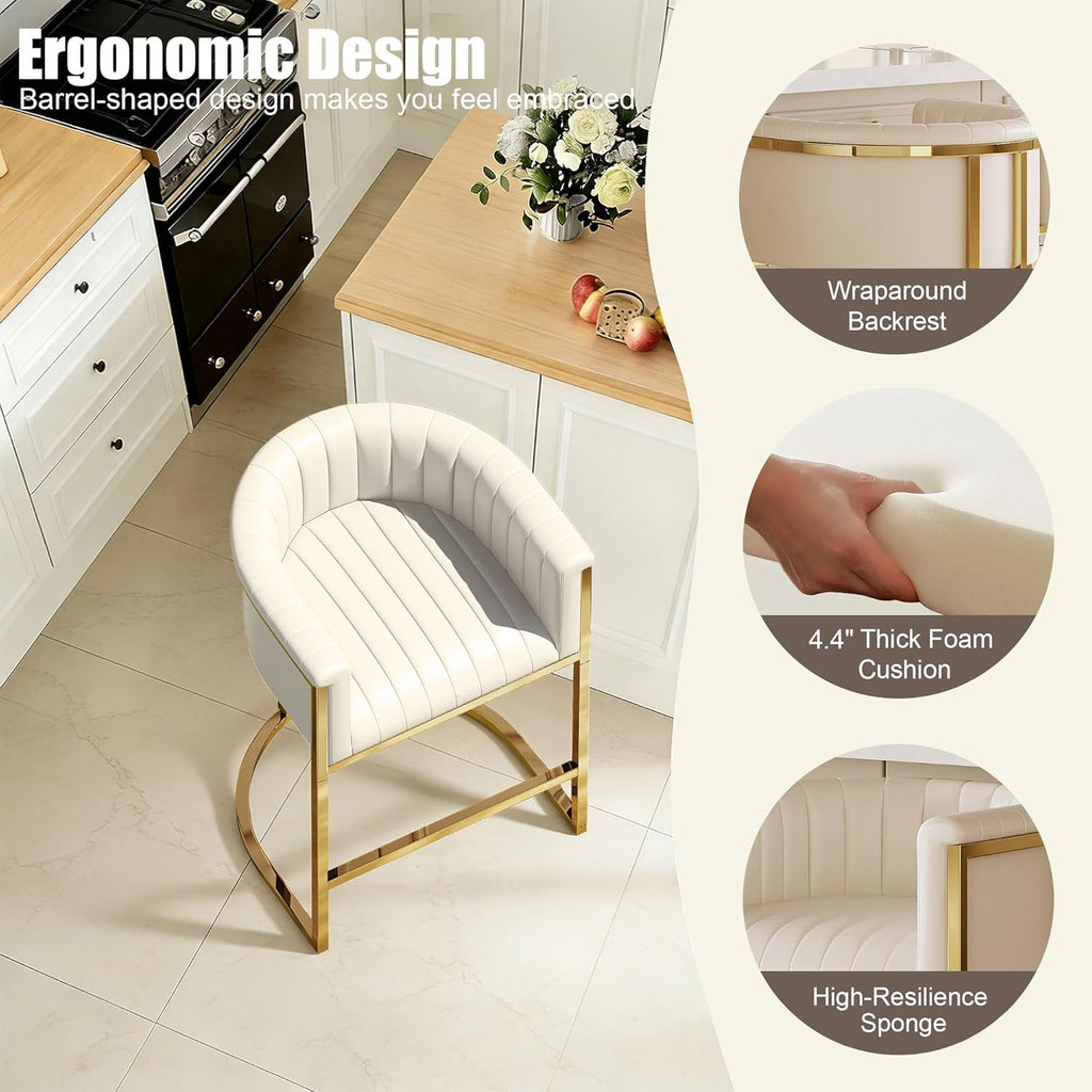 26" H Counter Height Bar Stools Set of 3, Modern Barrel Counter Stools with Backrest and Arms, Faux Leather Upholstered Accent Barstools for Kitchen Island, Gold Metal Frame/Ivory White