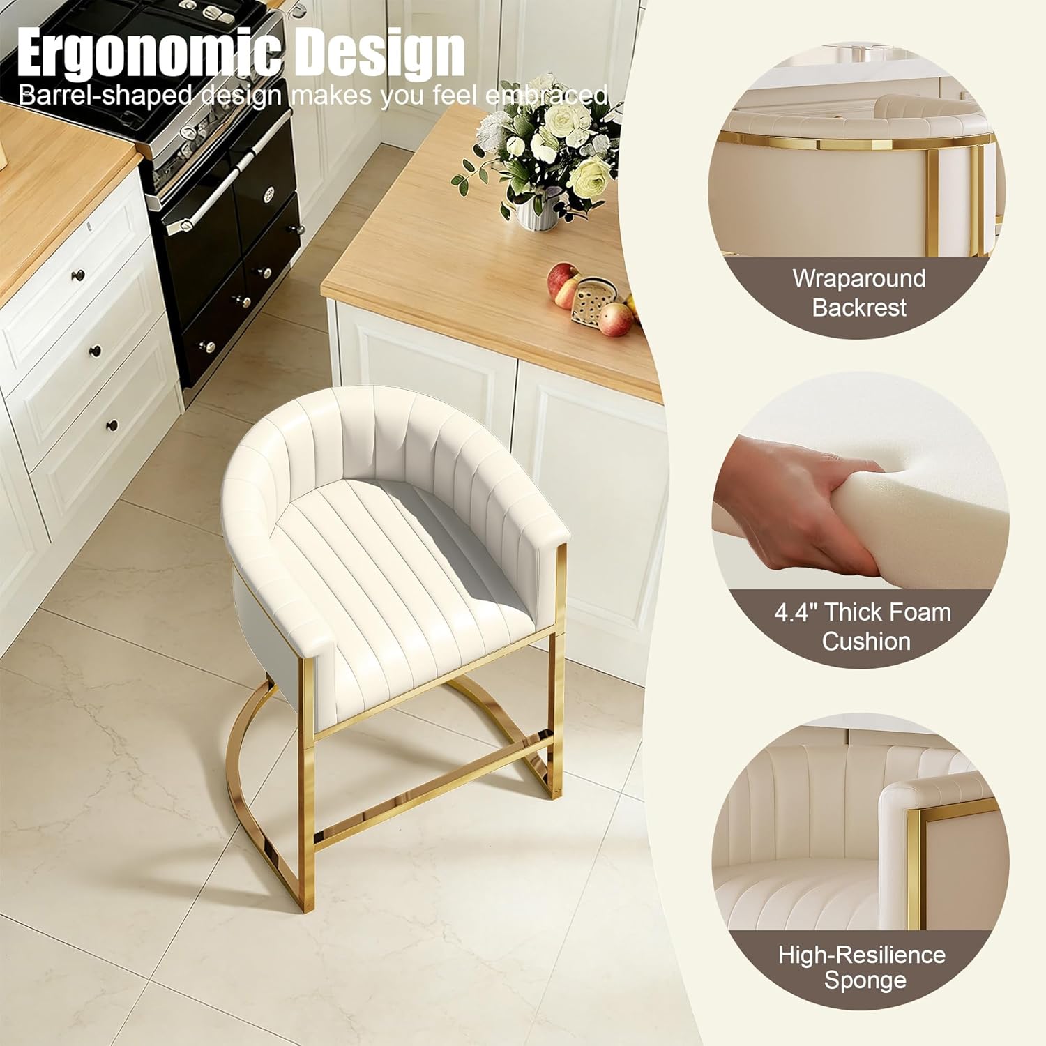 26" H Counter Height Bar Stools Set of 3, Modern Barrel Counter Stools with Backrest and Arms, Faux Leather Upholstered Accent Barstools for Kitchen Island, Gold Metal Frame/Ivory White